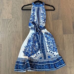 SHEIN Blue and White Patterned Midi Dress tie waist s